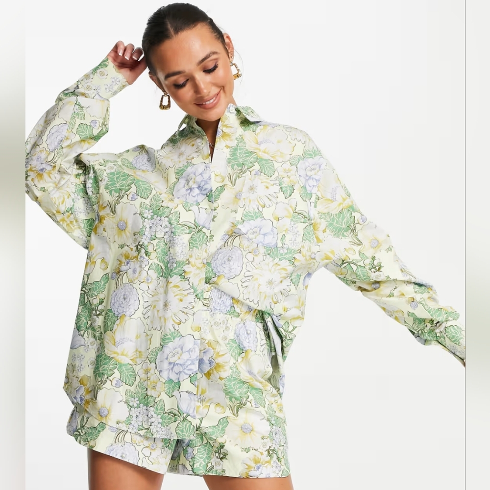 ASOS EDITION - Oversized Cotton Button Down Collared Long Sleeve Floral Shirt